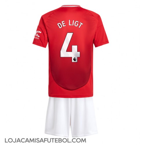 Camisa de Futebol Manchester United Matthijs de Ligt #4 Equipamento Principal Infantil 2024-25 Manga Curta (+ Calças curtas)